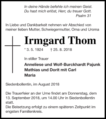 Traueranzeige von Irmgard Thom von Neubrandenburger Zeitung