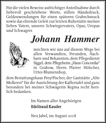 Traueranzeige von Johann Hammer von Ludwigsluster Tageblatt