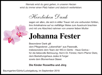 Traueranzeige von Johanna Fester von Prenzlauer Zeitung