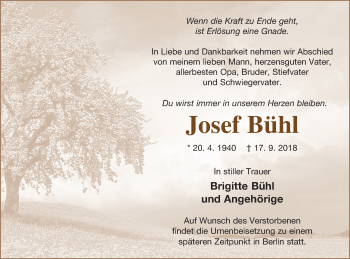 Traueranzeige von Josef Bühl von Haff-Zeitung