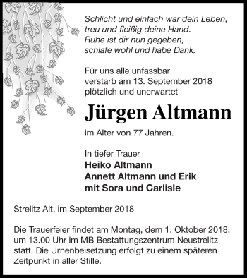 Traueranzeige von Jürgen Altmann von Strelitzer Zeitung