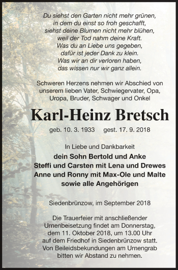 Traueranzeige von Karl-Heinz Bretsch von Vorpommern Kurier