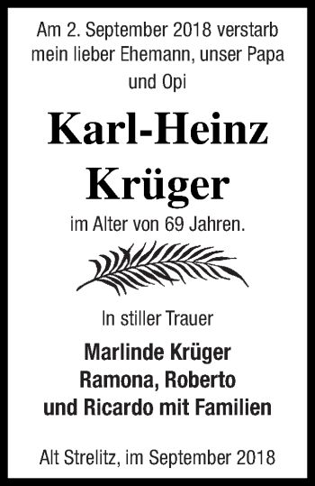 Traueranzeige von Karl-Heinz Krüger von Strelitzer Zeitung