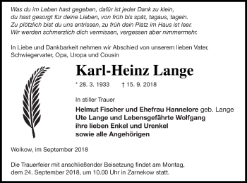 Traueranzeige von Karl-Heinz Lange von Demminer Zeitung