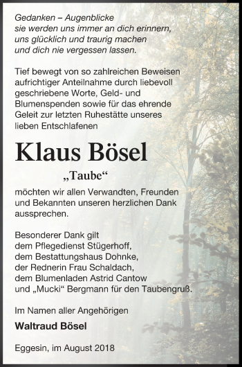 Traueranzeige von Klaus Bösel von Haff-Zeitung