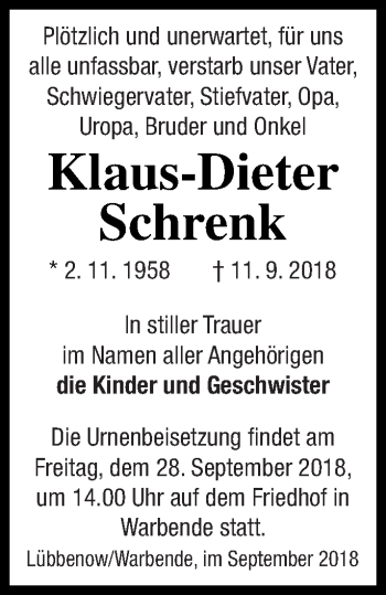 Traueranzeige von Klaus-Dieter Schrenk von Prenzlauer Zeitung