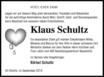 Traueranzeige von Klaus Schultz von Strelitzer Zeitung