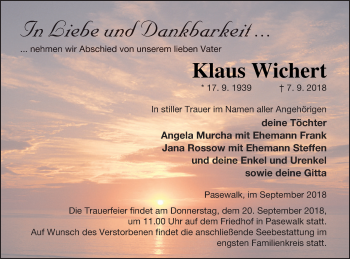 Traueranzeige von Klaus Wichert von Haff-Zeitung