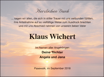 Traueranzeige von Klaus Wichert von Pasewalker Zeitung
