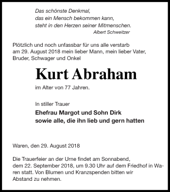 Traueranzeige von Kurt Abraham von Müritz-Zeitung