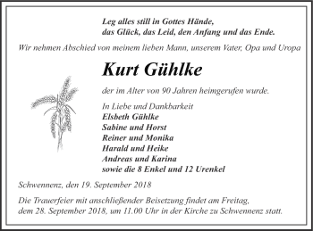 Traueranzeige von Kurt Gühlke von Pasewalker Zeitung