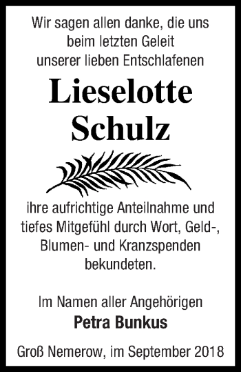 Traueranzeige von Lieselotte Schulz von Neubrandenburger Zeitung