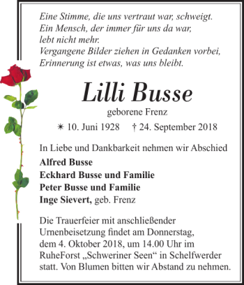 Traueranzeige von Lilli Busse von Hagenower Kreisblatt