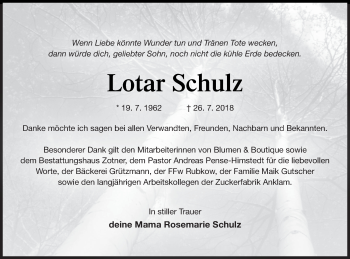 Traueranzeige von Lotar Schulz von Vorpommern Kurier