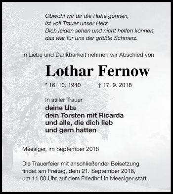 Traueranzeige von Lothar Fernow von Demminer Zeitung