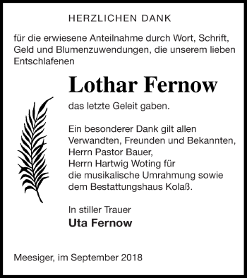 Traueranzeige von Lothar Fernow von Demminer Zeitung