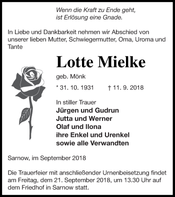 Traueranzeige von Lotte Mielke von Vorpommern Kurier