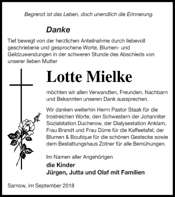 Traueranzeige von Lotte Mielke von Vorpommern Kurier