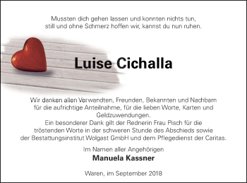 Traueranzeige von Luise Cichalla von Müritz-Zeitung