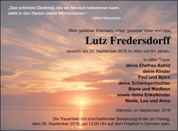 Traueranzeige von Lutz Fredersdorff von Demminer Zeitung