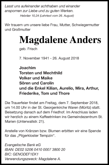 Traueranzeige von Magdalene Anders von Müritz-Zeitung