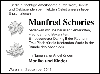Traueranzeige von Manfred Schories von Müritz-Zeitung