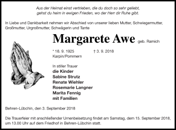 Traueranzeige von Margarete Awe von Mecklenburger Schweiz