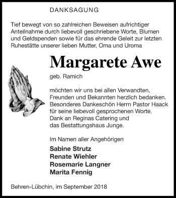 Traueranzeige von Margarete Awe von Mecklenburger Schweiz