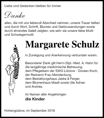 Traueranzeige von Margarete Schulz von Prenzlauer Zeitung