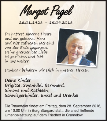 Traueranzeige von Margot Pagel von Neubrandenburger Zeitung