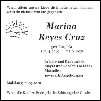 Traueranzeige von Marina Reyes Cruz von Der Prignitzer