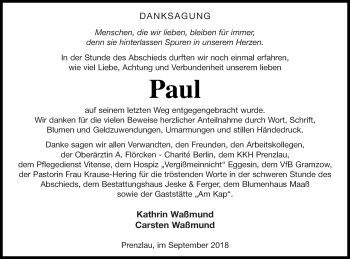 Traueranzeige von Paul Waßmund von Prenzlauer Zeitung