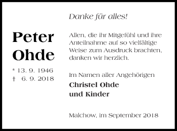 Traueranzeige von Peter Ohde von Müritz-Zeitung