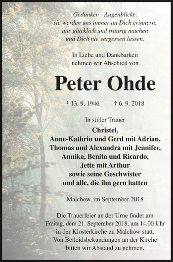 Traueranzeige von Peter Ohde von Müritz-Zeitung
