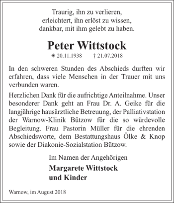 Traueranzeige von Peter Wittstock von Bützower Zeitung