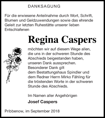 Traueranzeige von Regina Caspers von Mecklenburger Schweiz