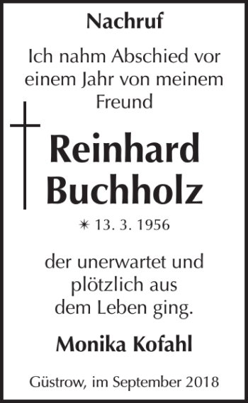 Traueranzeige von Reinhard Buchholz von Güstrower Tageblatt