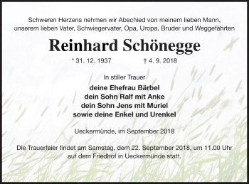 Traueranzeige von Reinhard Schönegge von Vorpommern Kurier