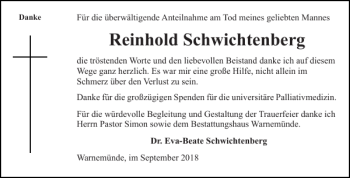 Traueranzeige von Reinhold Schwichtenberg von Norddeutsche Neueste Nachrichten