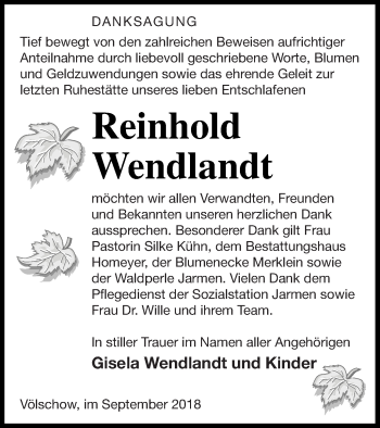 Traueranzeige von Reinhold Wendlandt von Vorpommern Kurier