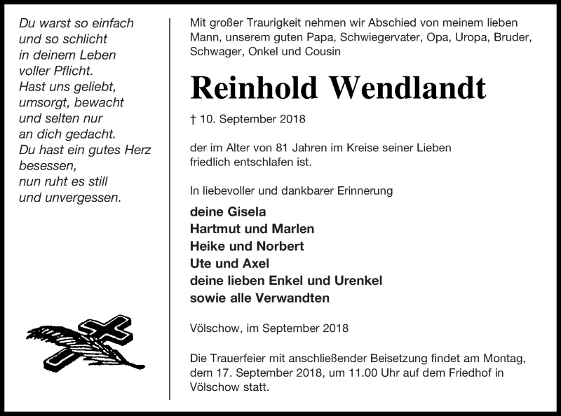  Traueranzeige für Reinhold Wendlandt vom 12.09.2018 aus Vorpommern Kurier