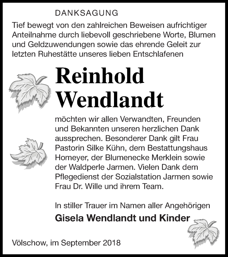  Traueranzeige für Reinhold Wendlandt vom 28.09.2018 aus Vorpommern Kurier