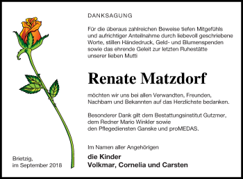 Traueranzeige von Renate Matzdorf von Pasewalker Zeitung