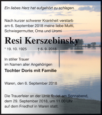 Traueranzeige von Resi Kerszebinsky von Müritz-Zeitung