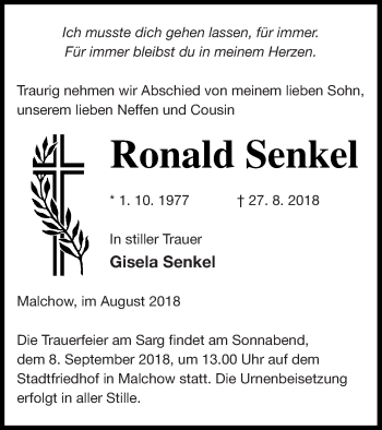 Traueranzeige von Ronald Senkel von Müritz-Zeitung