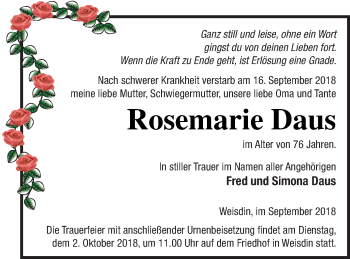 Traueranzeige von Rosemarie Daus von Strelitzer Zeitung