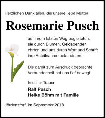 Traueranzeige von Rosemarie Pusch von Mecklenburger Schweiz