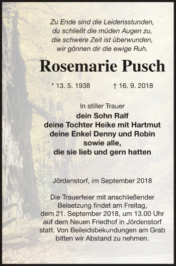 Traueranzeige von Rosemarie Pusch von Mecklenburger Schweiz