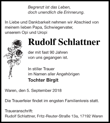 Traueranzeige von Rudolf Schlattner von Müritz-Zeitung