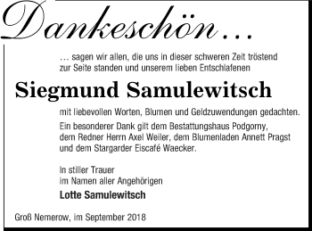 Traueranzeige von Siegmund Samulewitsch von Neubrandenburger Zeitung